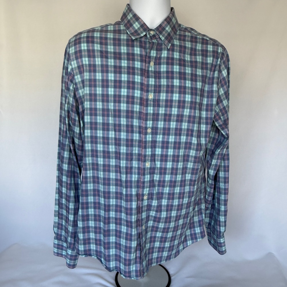 Faherty Brand Mens Plaid Button Down Shirt Blue Teal Pink Size M Long Sleeve